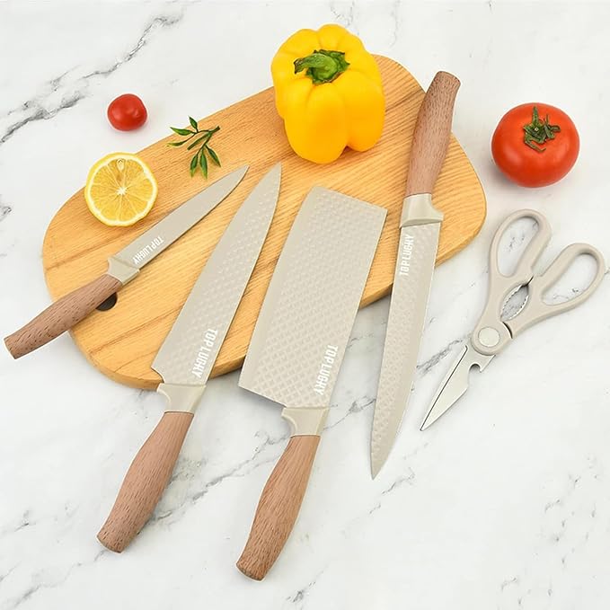 Kitchen Knife Set, Retrosohoo 6-Pieces Khaki Sharp Knife Block Sets for Kitchen, Non-stick Non-slip Stainless Steel Chef knives with Universal Block Suitable for Home Restaurant (Khaki)