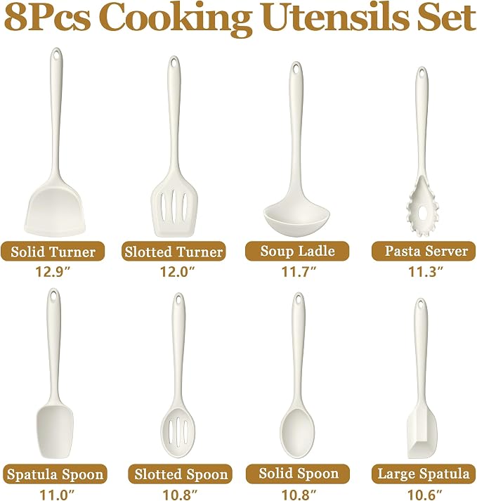 LIANYU 8Pcs Kitchen Cooking Utensils Set, Nonstick Silicone Utensil Sets | Heat Resistant Kitchen Gadgets Essentials for Nonstick Cookware, with Spatula, Spoon, Tuner, Ladle, Dishwasher Safe, White