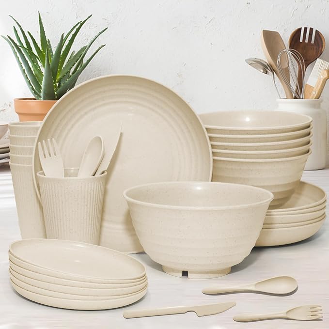 SHECIPIN 42-Piece Wheat Straw Dinnerware Set, Large Round Plates, Bowls and Cups, Unbreakable dish set, Dishwasher and Microwave Safe, Outdoor Dishes (Beige)