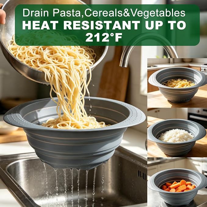 Collapsible Silicone Colander with Handle, 10.5-Inch Large Capacity Foldable Strainer for Vegetables, Pasta, Fruits - Heat Resistant up to 212°F, Non-Slip Base, Space-Saving Kitchen Tool-2pack