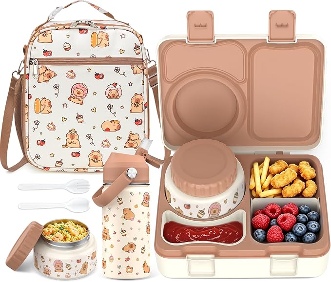 Bento Lunch Box for Kids Adult, Leakproof 3-4 Compartment Bento Box Set with Insulated Food Jar,Water Bottle, Lunch Bag, School Lunch Container for Toddler Teen Girls Boys Ages 3+(Brown)