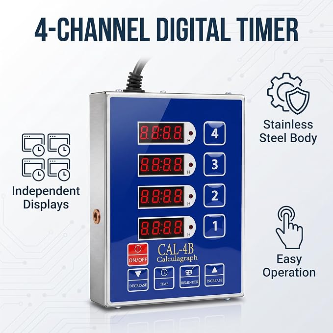 4 Channel Precision Kitchen Timers for Cooking, Commercial Kitchen Timer Restaurant Kitchen Supplies, Stainless Steel Digital LED Chef Cooking Timer, Reminder Function, Drillable wall mounting, Blue