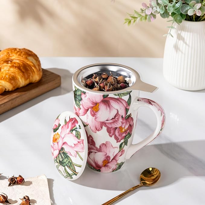 AmorArc Tea Cup With Infuser and Lid, 18oz Loose Leaf Tea Mug With Steeper | Porcelain Tea Mug With Infuser and Lid, Strainer Tea Cup for Tea Lovers, Home & Office, Housewarming Birthday Gift