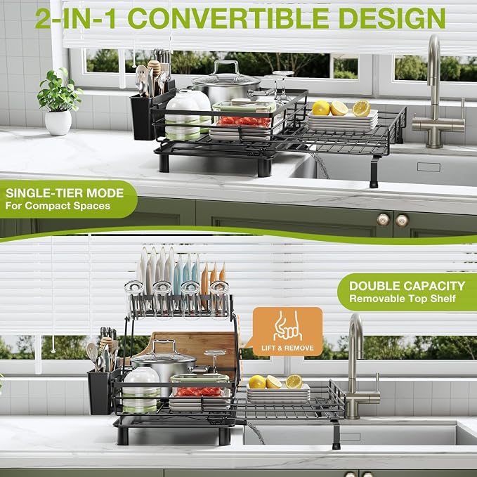 2-Tier Expandable Dish Drying Rack for Kitchen Counter, Black | Large Capacity Dish Rack Organization, Heavy-Duty Carbon Steel, 17 lbs Capacity, Swivel Drain Spout & Cup Hooks