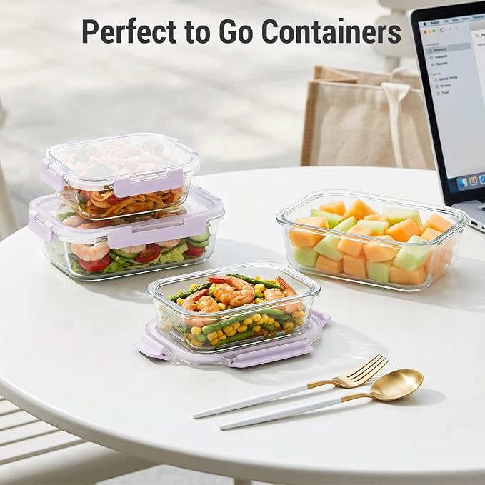 10 Sets 36 oz & 12 oz Glass Food Storage Containers with lids, Purple | 20-Piece Airtight Leak-proof Glass Meal Prep Containers with Lids, Microwave Oven Freezer Dishwasher Safe