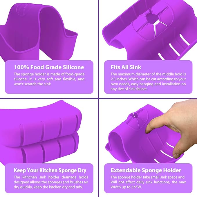 Sponge Holder for Kitchen Sink, Silicone Sink Saddle Caddy Organizer Rack, Sponges Holder Over Faucet, Hanging Kitchen Organizer Accessories Rack Basket - Purple