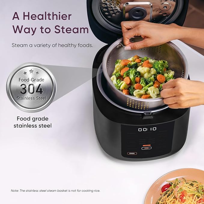 Cosori Rice Cooker 10 Cup, Ceramic Coating Inner Pot, Fuzzy Logic, 18-in-1 | 24H Keep Warm & Delay Timer, Stainless Steel Steamer Basket, Non-stick Ceramic Coating, Sauté, Slow Cook, Black