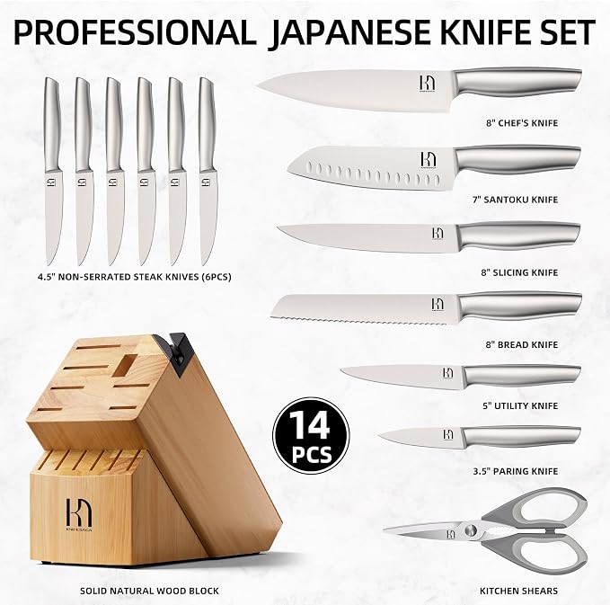 KnifeSaga 14 Pcs Knife Set with Block, Premium, Razor Sharp, Japanese Steel | Innovative Steel, High Carbon Stainless, Enduring Sharpness, Ergonomic Handle, Quality Natural Wood Block, Gift Box