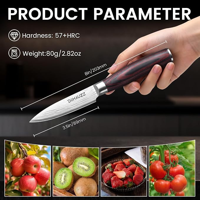 DiiHAUZZ Paring Knife, 3.5 Inch Fruit Knife, High Carbon Stainless Steel | Ultra Sharp 12-15° Blade, Ergonomic Pakkawood Handle No Cracking, Peeling Fruits Cutting Slicing Vegetable, Gift Box & Sheath