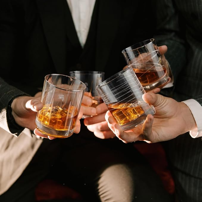 Joeyan Hand Blown Etched Whiskey Glasses,Old Fashioned Tumblers with Stripes Dots Pattern,Clear Carved Rocks Glasses,Scotch Bourbon Glassware for Party Anniversary,13.5 oz,Set of 4,Dishwasher Safe