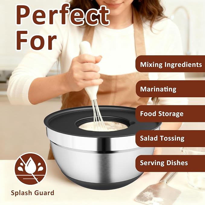 9 Pack Mixing Bowls with Airtight Lids & Grater Attachments, Black | Stainless Steel Bowl, Non-slip Bases, Nesting Kitchen Bowl, Size 5, 4, 3, 2, 1.5,1QT,for Food Prep, Baking, Storage & Serving