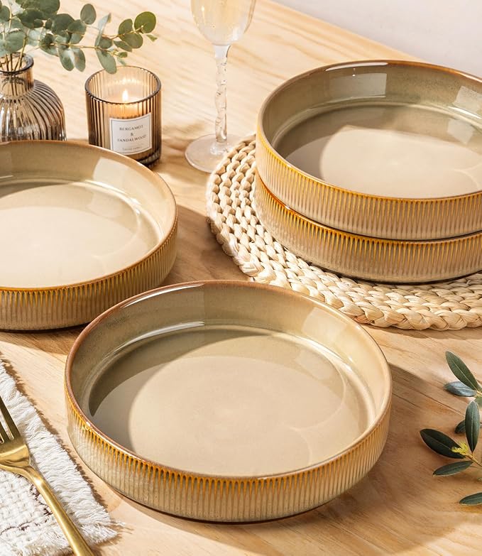 7.5" Ceramic Pasta Bowls Set of 4, Salad Bowls | Versatile Serving Bowls for Pasta, Salad, Fruit & Noodles, Housewarming & Wedding Gift, Creamy Amber