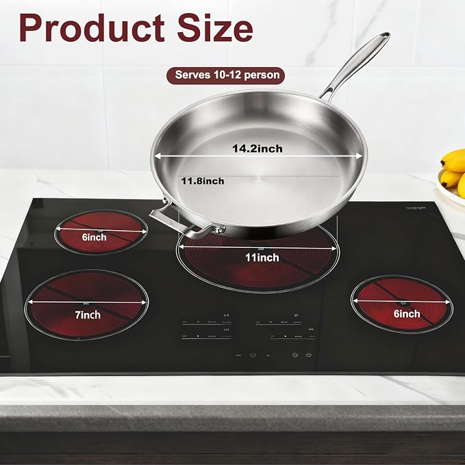DELARLO Tri-Ply Stainless Steel Pan,18/10, 14.2" | Nontoxic Durable Oven Safe 800℉ All Cooktops Compatible Fast Even Heat PFOA Free Large Frying Pan Nontoxic Cookware
