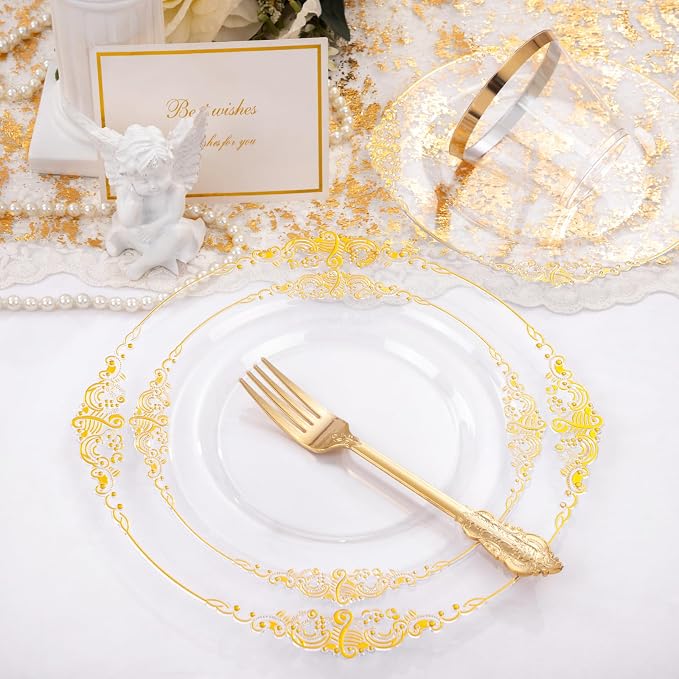 Nervure 175Pcs Clear Gold Plates, Disposable Party Plates for 25 Guests | 25 7.5" Dessert & 25 10.25" Dinner Disposable Plates, 75 Gold Cutlery, 25 9oz Cups, 25 Napkin for Wedding & Party, BPA-free