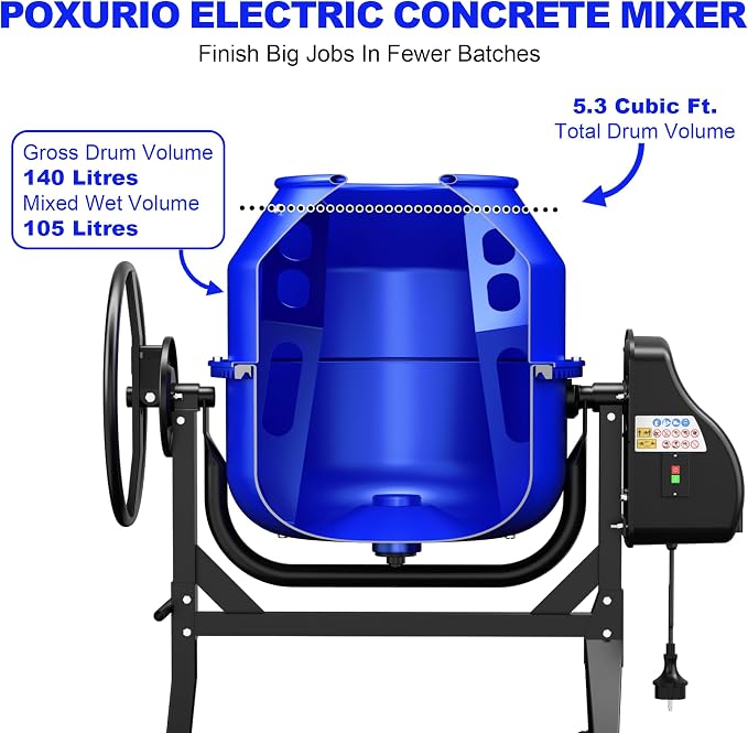 5.3 Cu.Ft. 1HP Electric Cement Mixer, 750W Portable Concrete Mixer Machine with Stand & Wheels, for Stucco, Mortar, Seeds - 2026 Upgraded (Blue)
