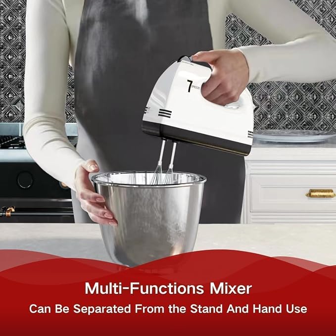 Stand Mixers, 7 Speeds With 3QT Stainless Steel Bowl, Stand and Hand Mixer with Dough Hook, Whisk, Mixing Beater for Baking, Cake, Cookie, Kneading (Silver)