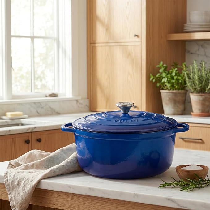 Zulay Kitchen 6.4QT Enameled Cast Iron Dutch Oven Pot with Lid, Heavy-Duty Soup Pot for Stews, Braising, Roasting & Sourdough Bread Baking, Oven Safe up to 500°F - Blue