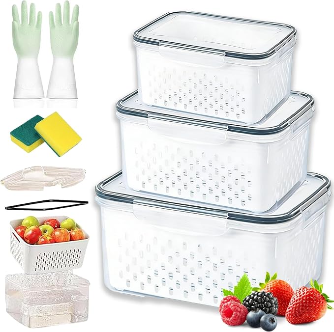 4 in 1 Food Storage Container with Lid, 2026 New Fruit Storage Containers for Fridge, Transparent Produce Storage Box with Drain Basket & Removable Colander for Salad Berry Vegetables (Gray, S/M/L)