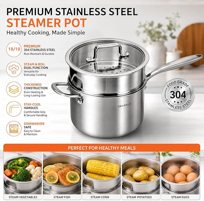 DELARLO Tri-Ply Whole-Clad Stainless Saucepan 3.5 Quart Steamer Set