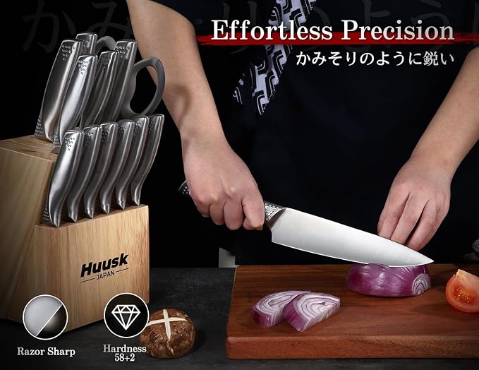 Huusk Kitchen Knife Set with Block & Built-in Sharpener - 14 pcs | Japanese Stainless Steel Knife Block Set, Sharp Chef Knife Set with Scissors, Ergonomic Handle, Gifts for Men Women