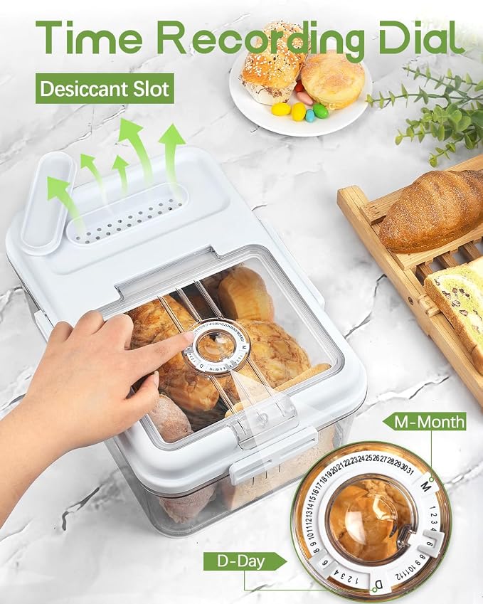 Dynta Large Bread Box for Kitchen Countertop 11.4 x 7.5 x 6.7 Inch Airtight Bread Storage Container Time Recording Bread Keeper with Lid for Toast, Loaf and Cookies