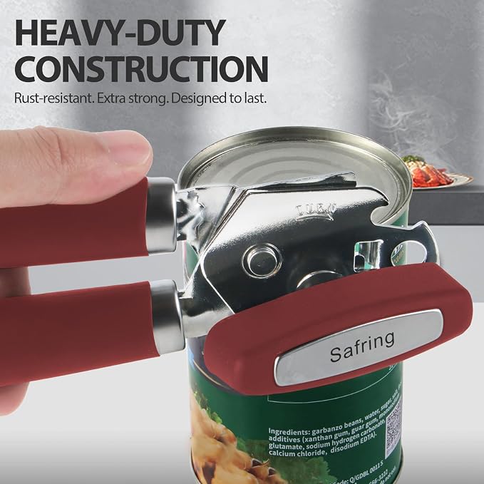 Safring Can Opener Manual, Heavy Duty Handheld Strong Can Opener with Soft Touch Handle, Sharp Blade Smooth Edge, Can Openers with Multifunctional Bottle Opener, Red