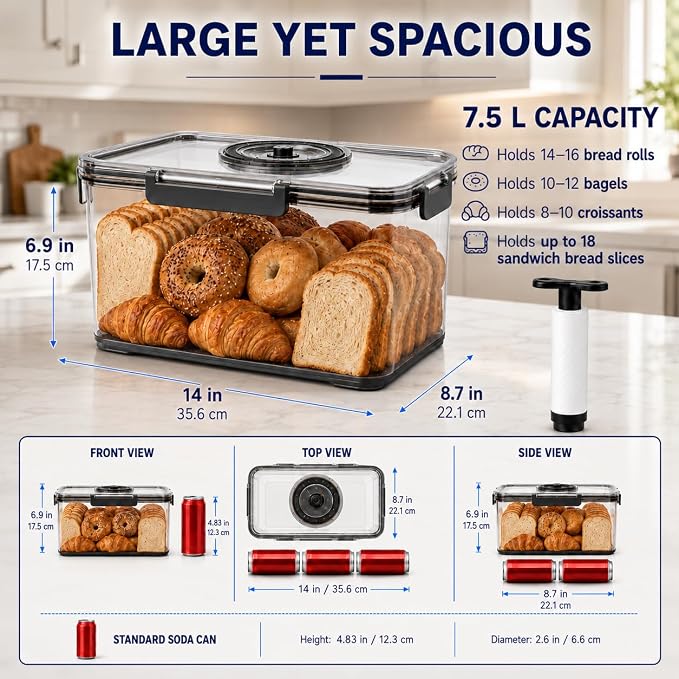 Airtight Bread Box, Sourdough Storage Container, Large 7.5L | Clear BPA-free plastic, manual air pump, date dial, silicone seal and drain tray; for sourdough, large loaves and baked goods