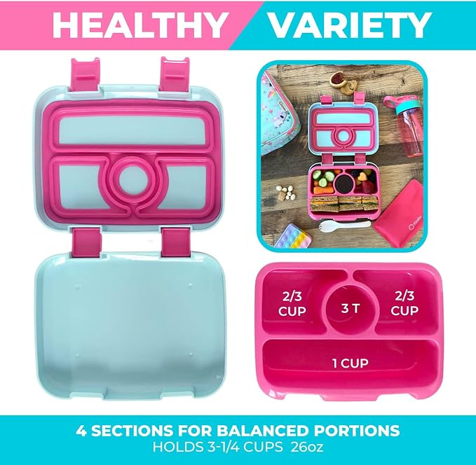 kinsho Bento Lunch Box with Water Bottle, Insulated Bag & Ice Pack Set for Kids Toddlers Girls, 4 Portion Sections, Removable Tray, Pre-School Kid Toddler Daycare Lunches, Snack Container, Pink Koala