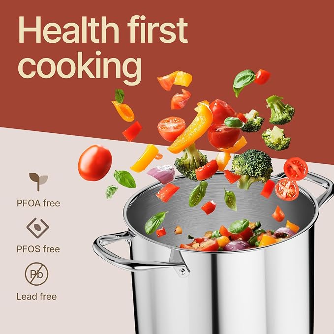 Stainless Steel Stockpot with Tempered Glass Lid 19 Quart, Durable 18/0 Stainless Steel, Impact-Bonded Base for Even Heating, Riveted Handles, Oven & All Stove Compatible, Safe Up To 500°F (260°C)
