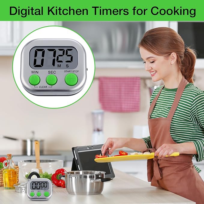 Leumoi 24 Pack Multi-Function Digital Timers with Magnetic Back, Large LCD Display, Loud Alarm, Count up & Countdown, Memory Function for Cooking, Classroom, Study, Exercise & Work(Sliver and Green)