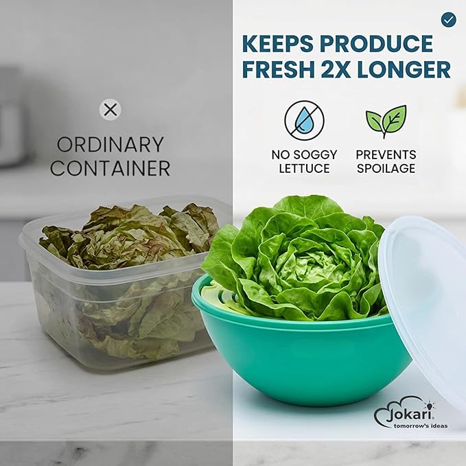 Jokari Watermelon Salad Bowl with Strainer and Lid - Self-Draining | Lid - Self-Draining Container, Fruit, Vegetables, Mixed Greens - Includes Nesting Colander, Snap-Tight Storage Lid