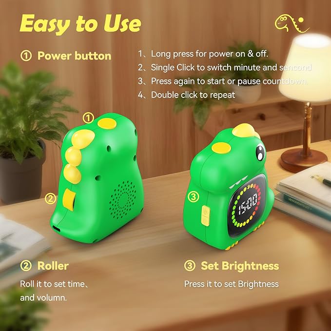 Visual Timer for Kids 99 Minute Digital Potty Training Timer for Homeschool | Dual sound; Dinosaur Look; Long Battery Life