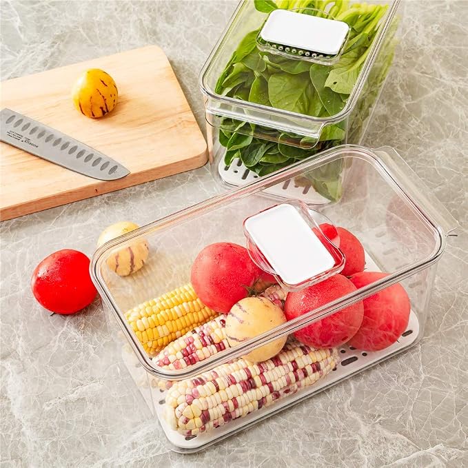 Slideep Refrigerator Food Storage Containers, Lettuce Keeper Large Produce Saver Stackable Container with Lids & Removable Drain Tray, Clear Veggie Fruit Salad Lettuce Container -2 Pack