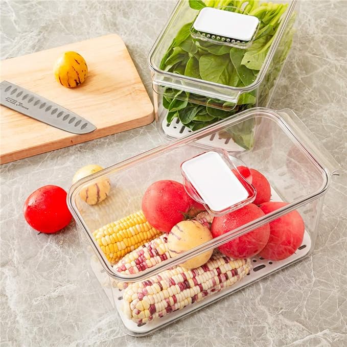 Slideep Refrigerator Food Storage Containers, Produce Saver Stackable Container with Lids & Removable Drain Tray, Freezer Bins Stay Fresh Lettuce Salad Container for Fridge