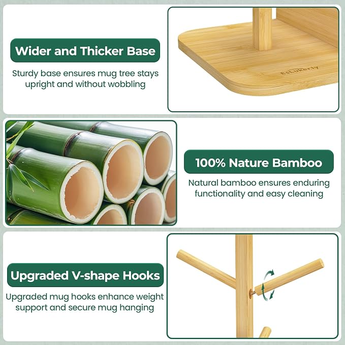 EsLuker.ly Mug Tree Holder Stand, Countertop Bamboo Coffee Cup Organizer | Rack for Kitchen Office, Space-Saving Coffee Station Bar Organizer with 6 Hooks, Modern Design Enhances Decor