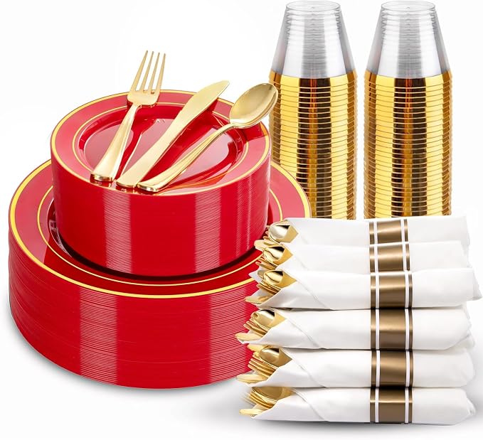 175 Pieces Red Plastic Plates with Gold Rim Include Dinner Plate 10" Dessert Plate 7" gold Cups 9 OZ, Pre Rolled Napkins 25 of each type for Wedding/Party/Birthday