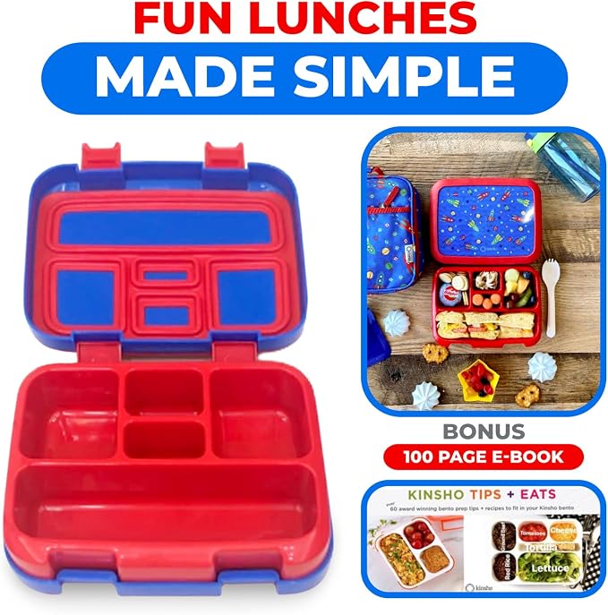 kinsho Bento Lunch Box Container for Small Kids, Boys, (Blue Space Rockets) | 5 Portion Sections, BPA-Free Spill-Proof Leakproof Removable Plastic Tray, Snacks and Lunches for Toddlers Pre-School Daycare