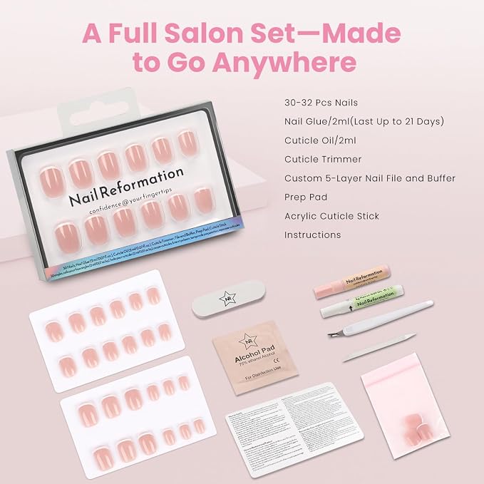 Nail Reformation Press On Nails, She’s a Natural | Short Square Fake Nails | 15 Sizes 30 Pcs White French Tip on Nude Base in a Glossy Finish, Reusable Stick On Nail Kit, Manicure Gifts for Women Gifts