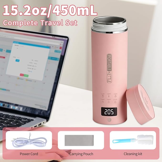 Pink Travel Electric Kettle with LCD Display, 6 Temperature Settings, 450ml / 15.2oz, 304 Stainless Steel, Auto Shut-Off and Dry Boil Protection, Compact and Portable Electric Kettle