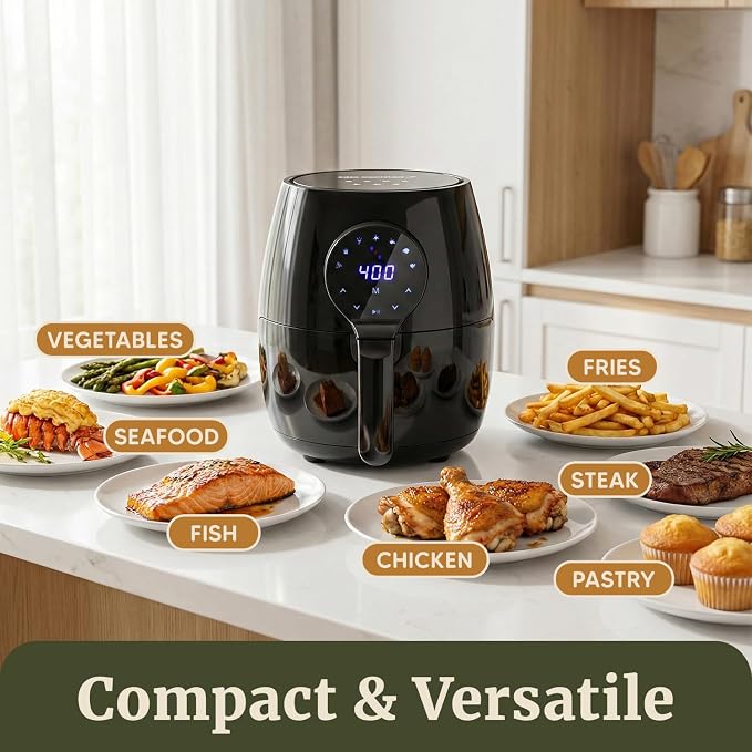 Elite Gourmet EAF5317D 5.3Qt Air Fryer, PFOA/PTFE Free, 1350W, Black | Digital, 7 Menu Functions, Oil-Less Healthy Hot-Air Cooking, Timer & Temperature Controls