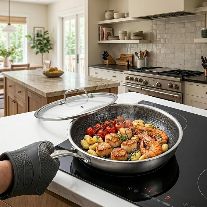 LOLYKITCH 8.5 Inch Hybrid Nonstick Frying Pan with Glass Lid | PFOA Free | Stainless Steel Skillet | Non-Toxic | Stay-Cool Riveted Handle | Dishwasher and Oven Safe | Induction Ready