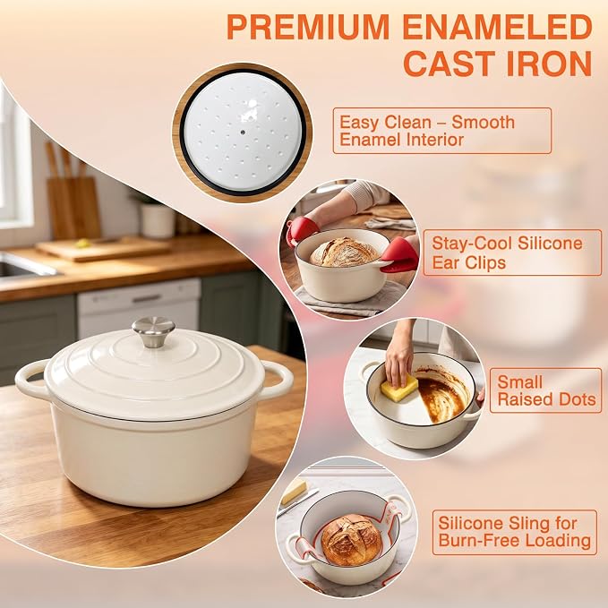 Enameled Cast Iron Dutch Oven Pot with Lid 5.5QT, Sourdough Bread Baking Supplies with Banneton Bread Proofing Basket Set & Starter Jar, Unique Dutch Oven for Bread Baking (Cream White)