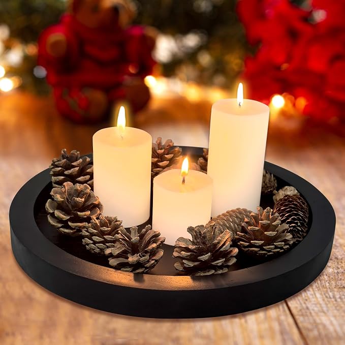 Black Round Wood Decorative Tray for Coffee Dining Table Centerpiece Decor | Small Wooden Serving Trays Farmhouse Kitchen Island Living Room Decor Candle Plates Holder Bathroom Counter Tray Accessories