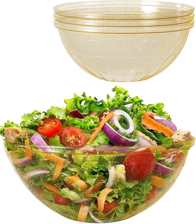 BESTVIP 150 Oz Glitter Gold Plastic Serving Bowls, 4 Pack | 11.6-Inch Disposable & Reusable Bowls for Salad, Snacks, Chips & Candy, Stackable for Parties, Holidays & Meal Prep