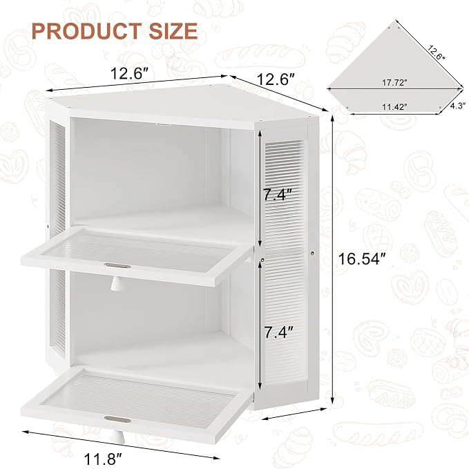 WOWLIVE Double Layer Corner Bread Box for Kitchen Countertop with 2 Doors | Bamboo Bread Storage Container, Large Farmhouse Breadbox with Acrylic Wavy Door, Under Cabinet Organizer, White, Extra Large