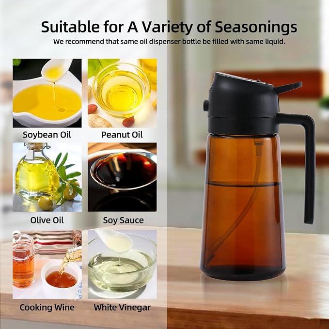 Aovdy 16oz/470ml Glass Oil Dispenser & Sprayer - Leakproof Oil Sprayer Bottle for Kitchen Cooking Air Fryer BBQ Baking Salad (Dark Brown)
