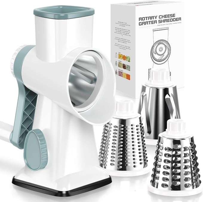Rotary Cheese Grater Hand Crank White - Shredder Slicer Grinder 3 Stainless Steel Blades, Stable Suction, Labor-Saving Handle, Safe Kitchen Tool for Cheese, Vegetable, Nuts, Chocolate