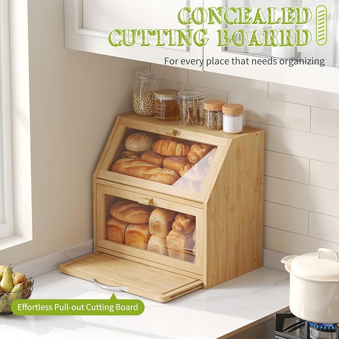 BMOSU Bread Box with Cutting Board for Kitchen Countertop Corner Bread box Double Layer Bamboo Extra Large Capacity Bin Kitchen Food Storage Container (Natural)