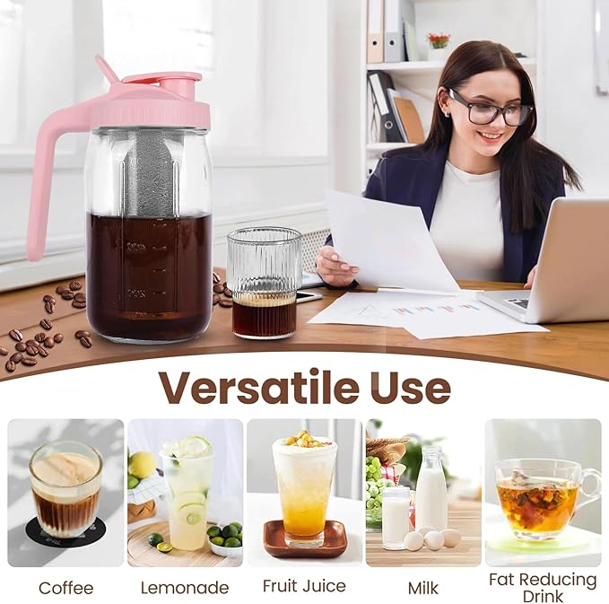 Cold Brew Coffee Maker, 32 oz Mason Jar Pitcher with Stainless Steel Filter, Pour Spout Handle Lid, Heavy Duty Glass Airtight & Leak-Proof for Iced Coffee,Tea & Lemonade