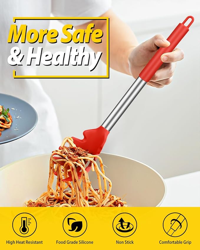 BUNDLEPRO Silicone Pasta Fork and Ladle Spoon Set, 2 Pack, Red | Large Non Stick, High Heat Resistant Kitchen Utensils for Cooking,Stirring,Serving Spaghetti, Soup, Sauce